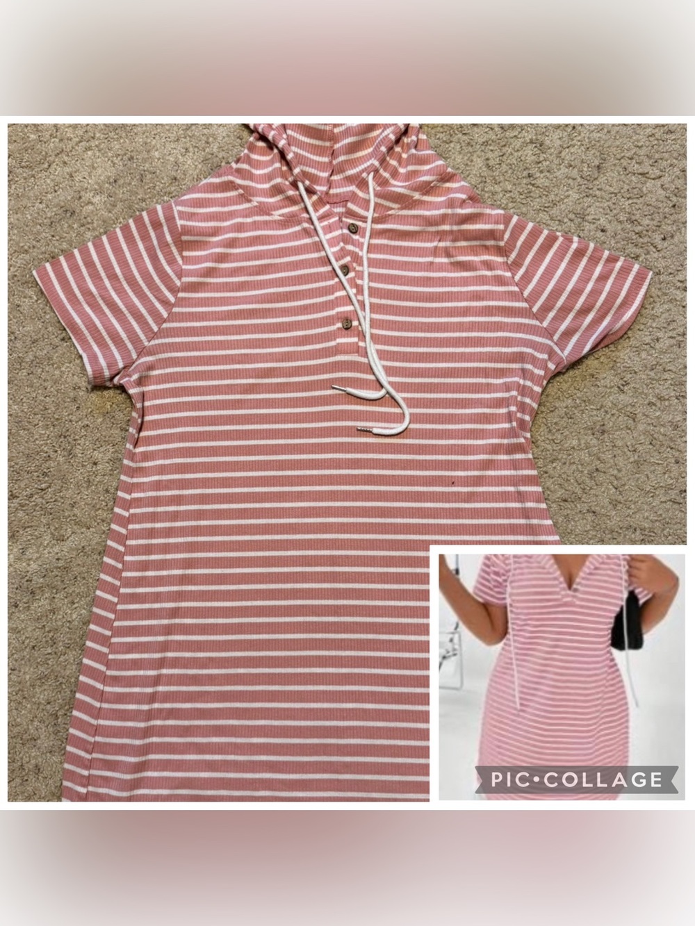 SHEIN Pink and White Striped Ribbed Hooded Short Sleeve Mini Dress
